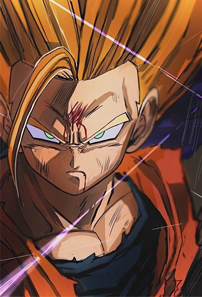 1boy, battle_damage, blonde_hair, blood, blood_from_forehead, blood_from_mouth, blue_shirt, blurry
