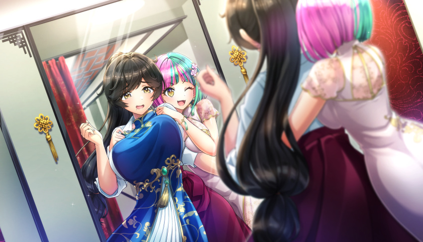 2girls, bracelet, breasts, brown_eyes, brown_hair, china_dress, chinese_clothes, dolphin_wave