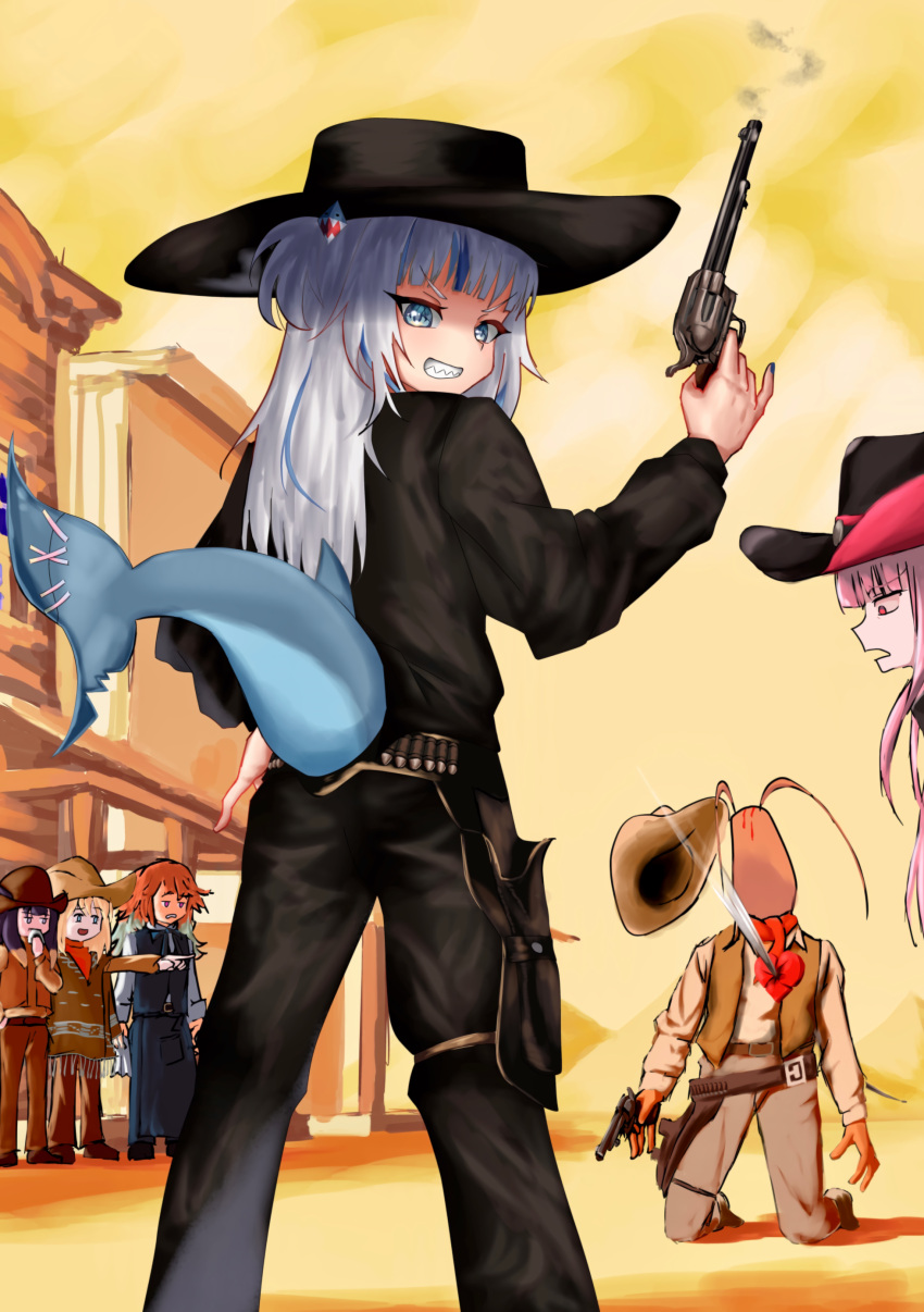 5girls, absurdres, black_hat, black_pants, black_shirt, blonde_hair, blue_hair, blue_nails