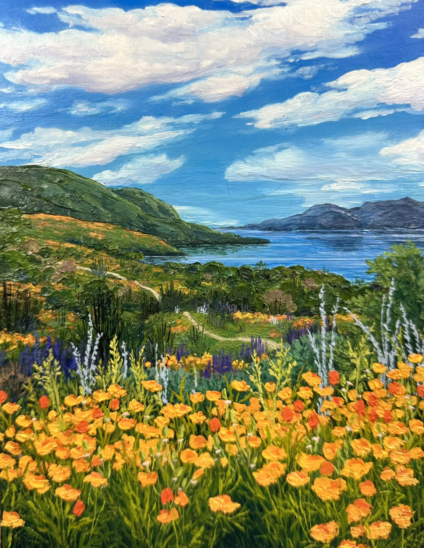 blue_sky, california, clouds, cloudy_sky, commentary, day, english_commentary, field, flower, highres, kate_avery, lake, nature, no_humans, oil_painting_(medium), orange_flower, original, outdoors, painting_(medium), poppy_(flower), purple_flower, real_world_location, scenery, sky, traditional_media, water, yellow_flower