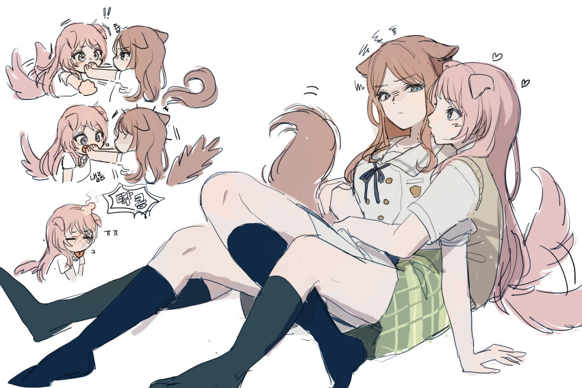 2girls, animal_ears, bang_dream!, bang_dream!_it's_mygo!!!!!, between_legs, biting, biting_another's_hand, black_socks, blue_eyes, brown_hair, brown_sweater_vest, chihaya_anon, commentary, cuddling, dog_ears, dog_girl, dog_tail, dress, eardoor_1022, green_skirt, green_socks, grey_eyes, haneoka_school_uniform, hashtag-only_commentary, heart, highres, hug, hug_from_behind, kemonomimi_mode, kneehighs, korean_text, long_hair, multiple_girls, nagasaki_soyo, plaid_clothes, plaid_skirt, pleated_skirt, puckered_lips, school_uniform, shirt, short_sleeves, simple_background, skirt, socks, speech_bubble, sweater_vest, tail, tail_wagging, tongue, tongue_out, translation_request, tsukinomori_school_uniform, white_background, white_dress, white_shirt, yuri