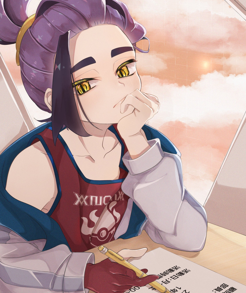 1boy, black_hair, chigiri_(_chigiri_), commentary_request, desk, gloves, head_rest, highres