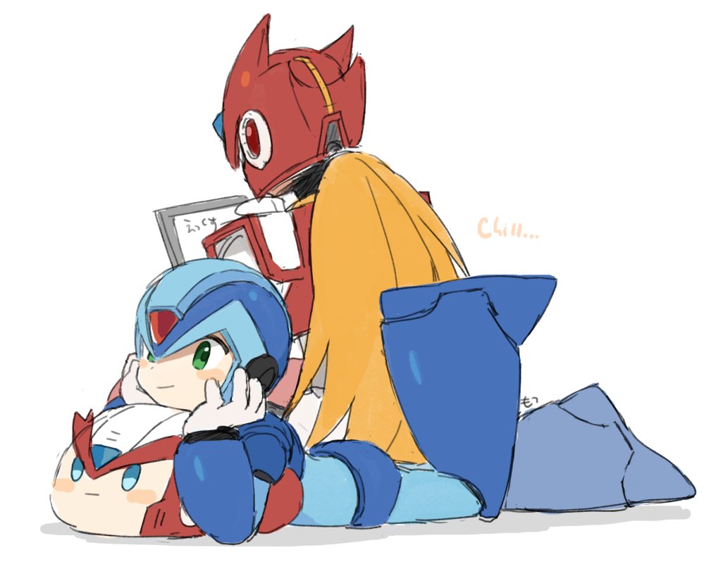 2boys, android, armor, blonde_hair, blue_armor, blue_helmet, blush_stickers, chibi