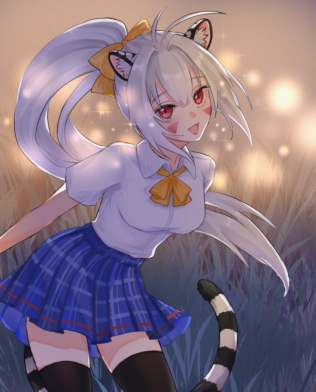 1girl, animal_ears, black_thighhighs, blue_skirt, breasts, brown_dust_(series), brown_dust_2, checkered_clothes