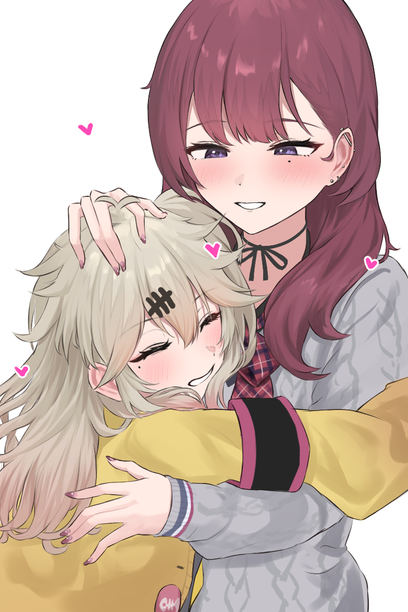 2girls, aran_sweater, armband, blush, cable_knit, closed_eyes, commentary_request, ear_piercing
