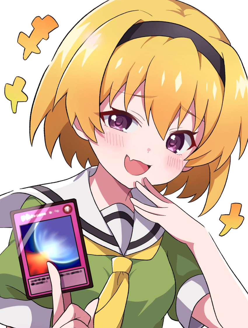 1girl, :d, black_hairband, blonde_hair, card, fang, green_shirt, hairband