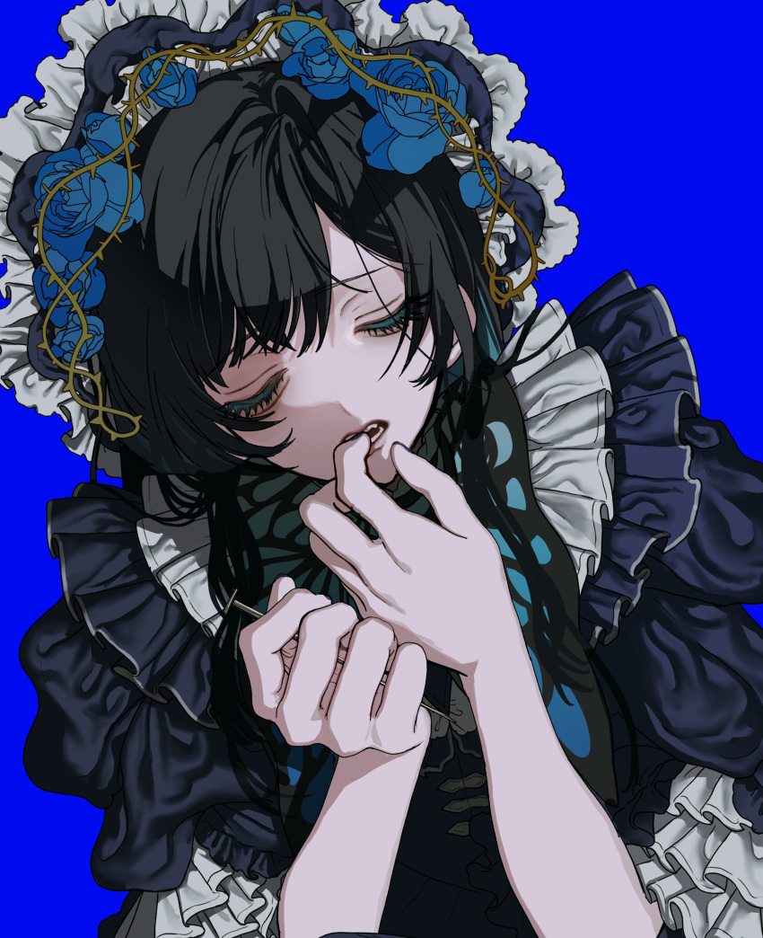 1girl, absurdres, ado_(utaite), aegyo_sal, black_hair, blue_background, blue_flower, blue_rose