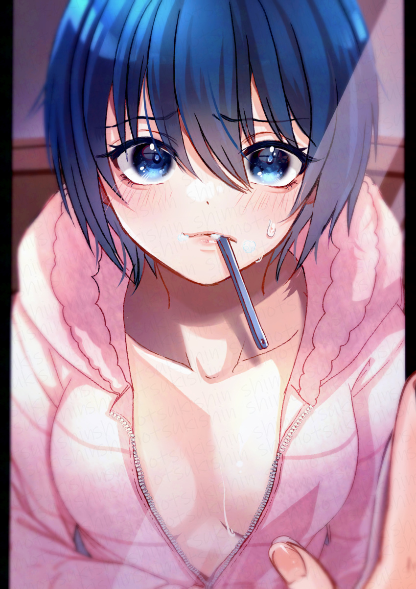 1girl, absurdres, blue_eyes, blue_hair, blush, breasts, brushing_teeth, ciel_(tsukihime)