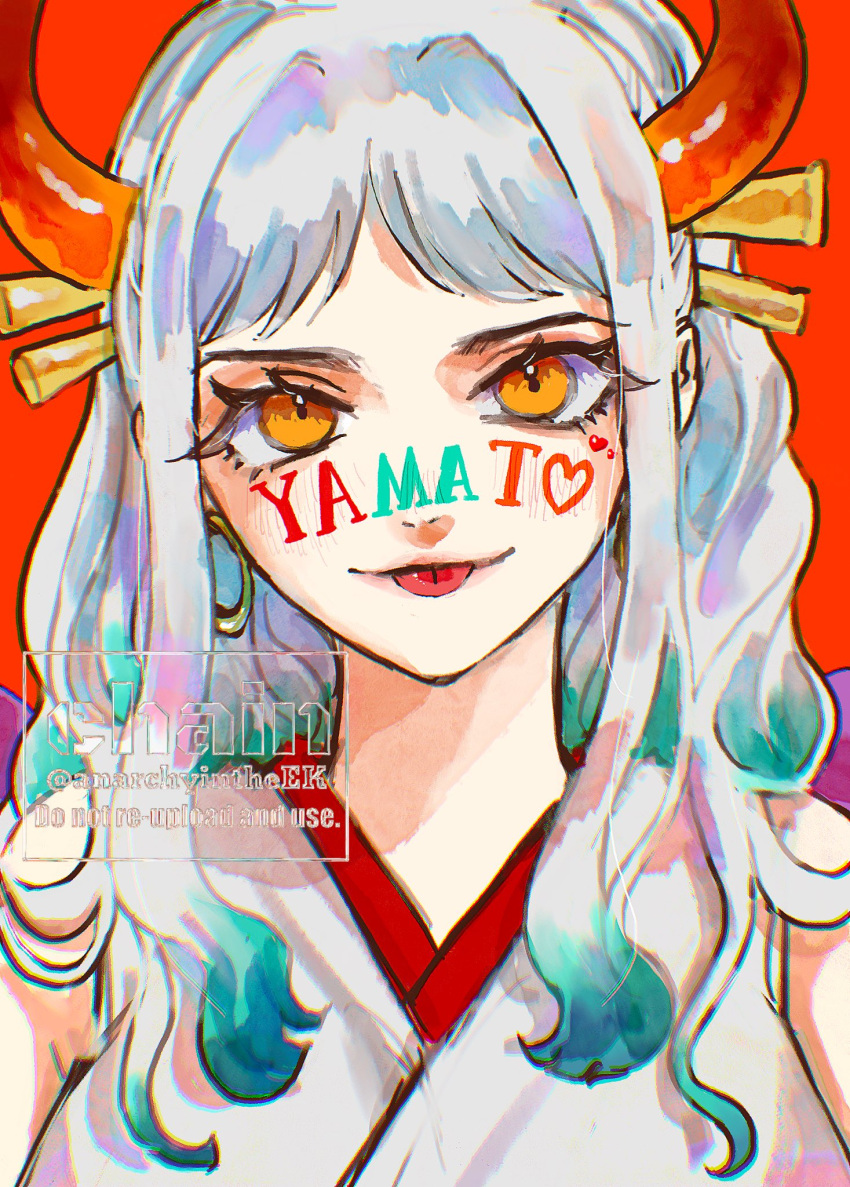 1girl, anarchyintheek, aqua_hair, character_name, earrings, hair_ornament, hair_stick, heart, highres, hoop_earrings, horns, japanese_clothes, jewelry, kimono, long_hair, looking_at_viewer, multicolored_hair, one_piece, orange_eyes, orange_horns, ponytail, portrait, sidelocks, sleeveless, sleeveless_kimono, solo, tongue, tongue_out, twitter_username, white_hair, white_kimono, yamato_(one_piece)