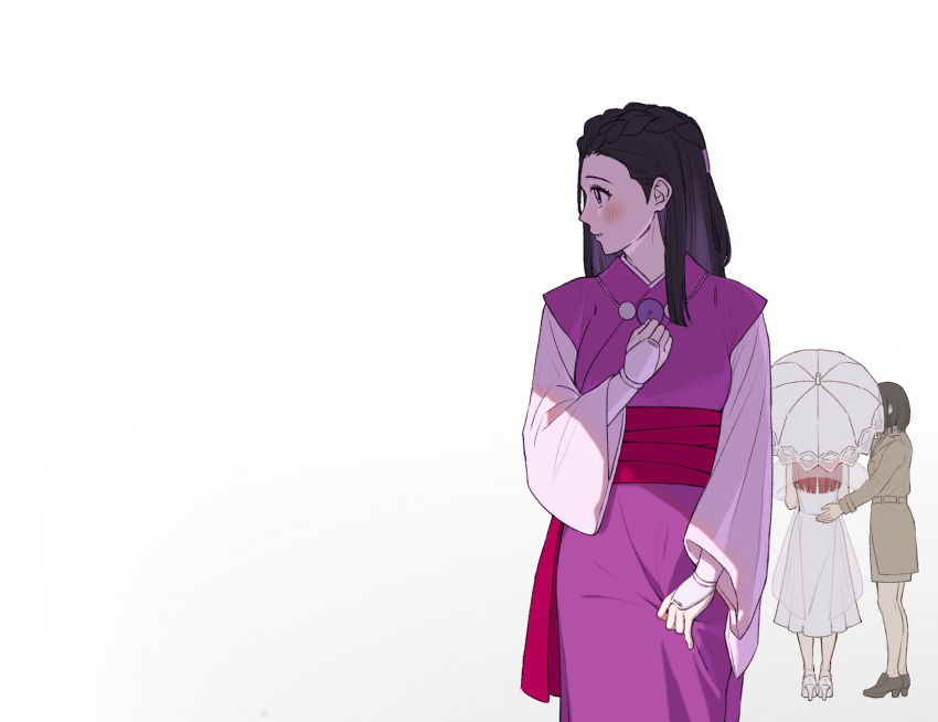 3girls, 9105_y, ace_attorney, black_hair, blush, braid, breasts, brown_coat