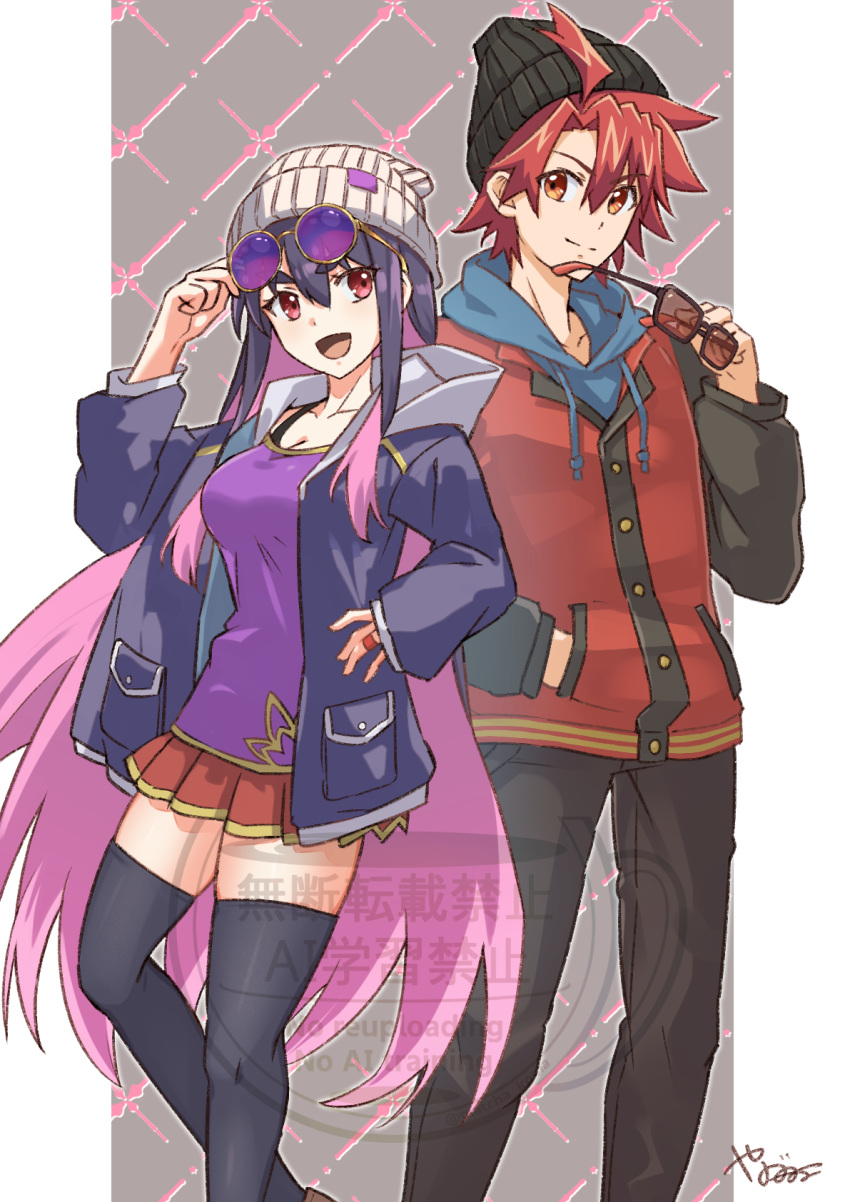 1boy, 1girl, asagaki_toogo, bandaid, beanie, black_leggings, black_pants, breasts