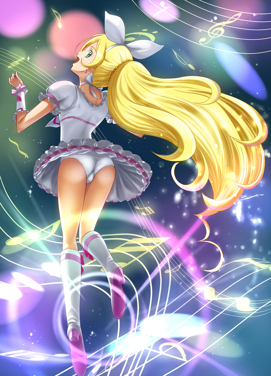 ass, beimei, blonde_hair, boots, choker, cure_rhythm, earrings, frills