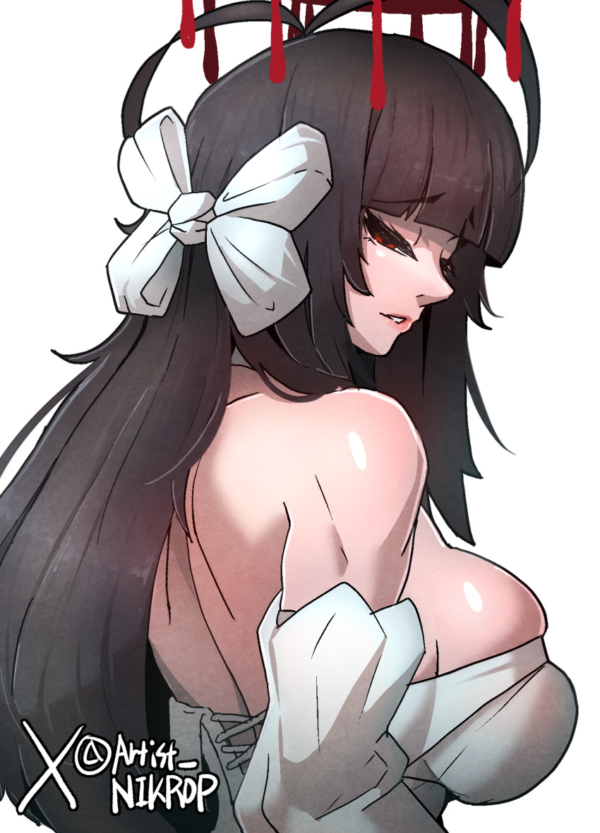 1girl, antenna_hair, black_hair, blood, blood_halo, blue_archive, bow, breasts