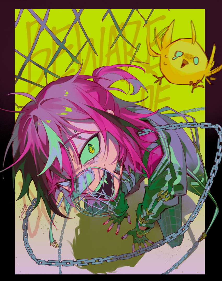 1boy, absurdres, bird, black_hair, black_jacket, blank_eyes, chain, chick