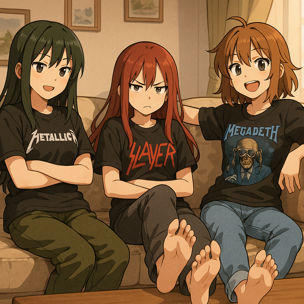 3girls, ai-generated, angry, band_shirt, barefoot, black_hair, brown_hair, couch