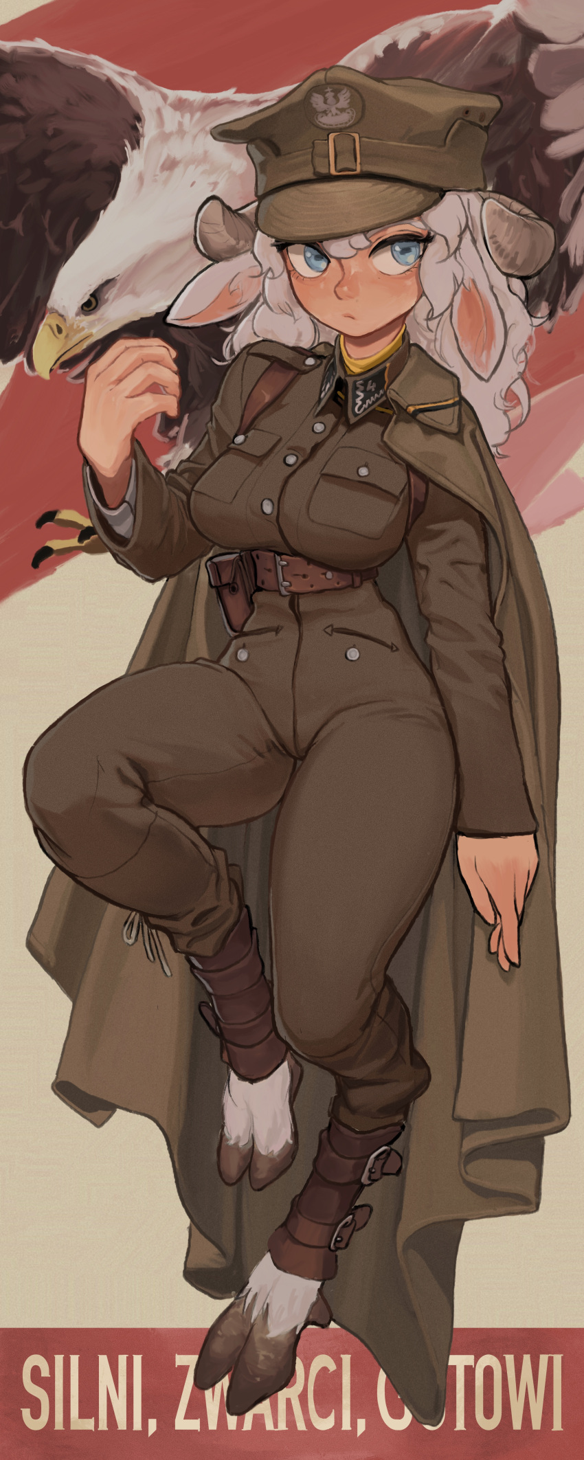 1girl, :/, absurdres, animal_ears, bald_eagle, belt, bird, blue_eyes