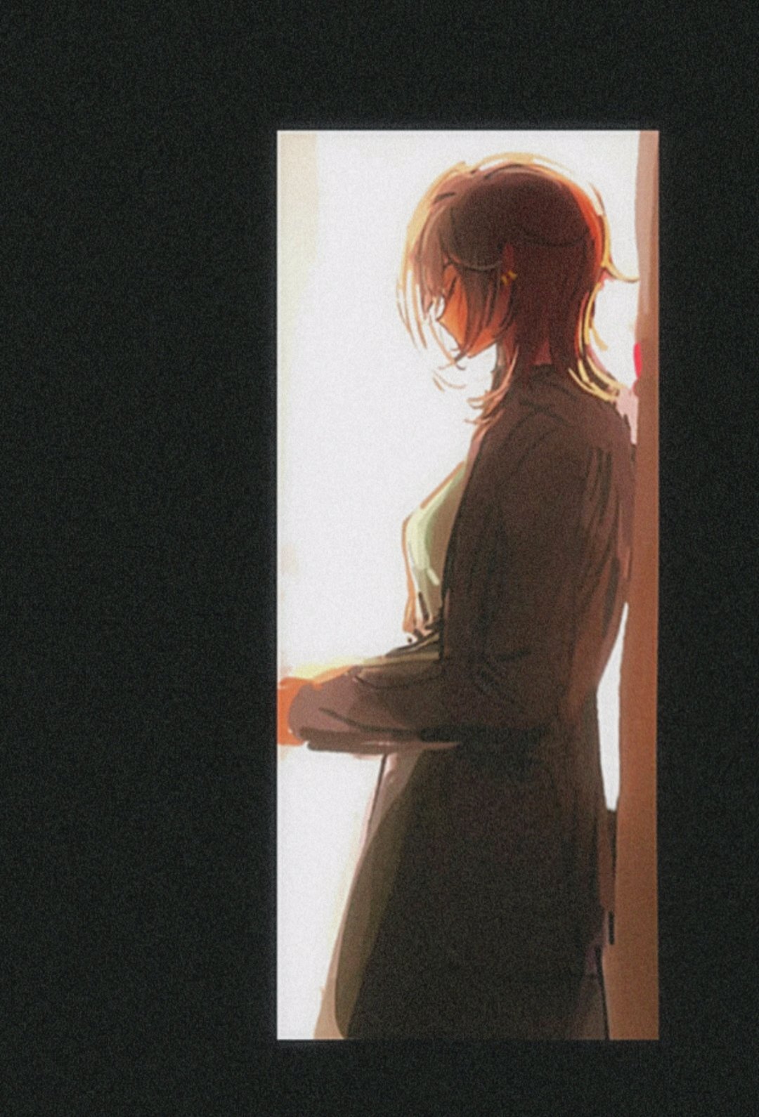 1girl, brown_hair, closed_eyes, coat, cowboy_shot, doorway, dress, earrings
