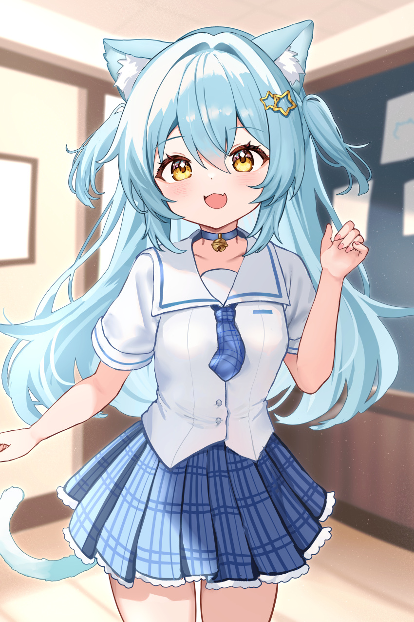 1girl, absurdres, animal_ear_fluff, aqua_hair, bibixart, blue_choker, blue_hair, blue_necktie, blue_skirt, cat, cat_girl, choker, classroom, collarbone, cowboy_shot, fang, highres, light_blush, loli, necktie, open_mouth, original, pleated_skirt, shirt, short_sleeves, skin_fang, skirt, smile, solo, two_side_up, white_shirt, yellow_eyes