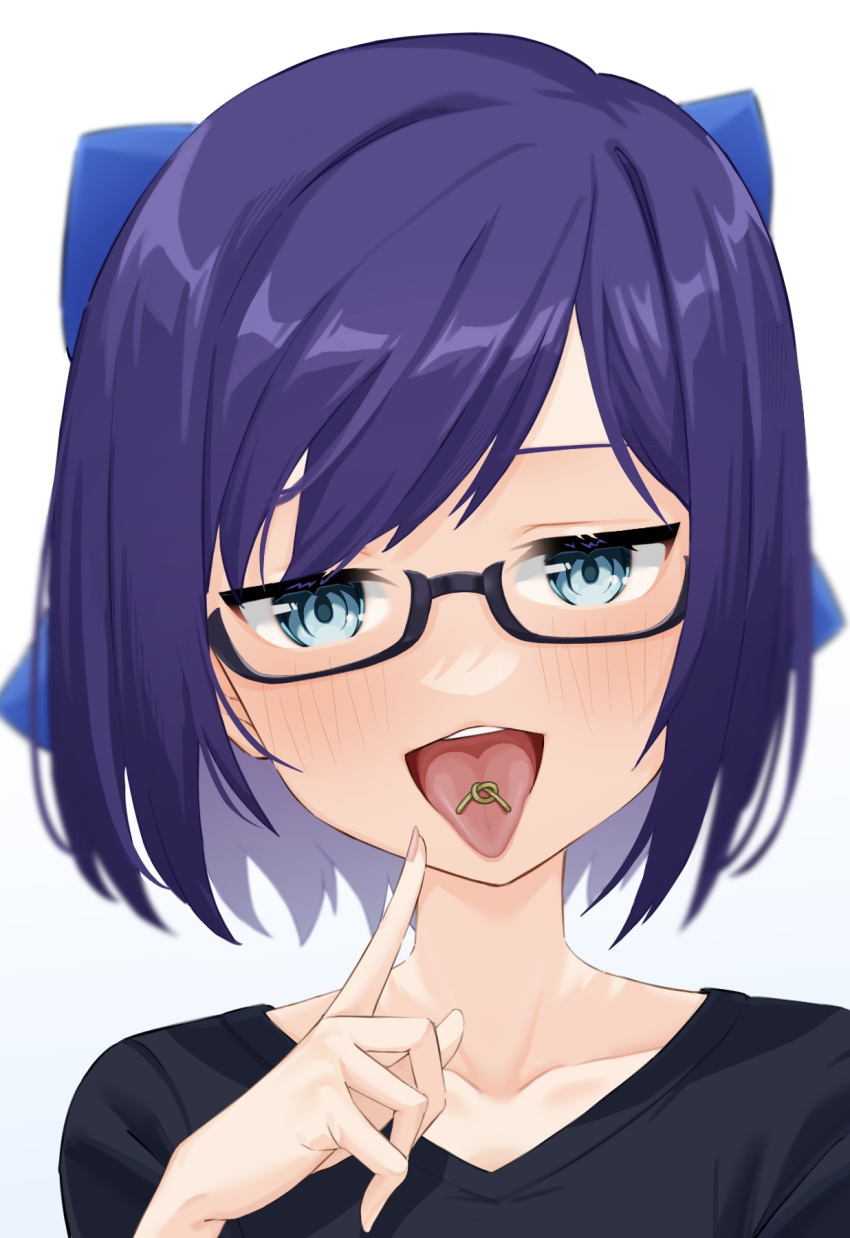 1girl, a-chan_(1st_costume)_(hololive), a-chan_(hololive), ai_(u_e_o_o), black-framed_eyewear, black_shirt, blue_bow, blue_eyes