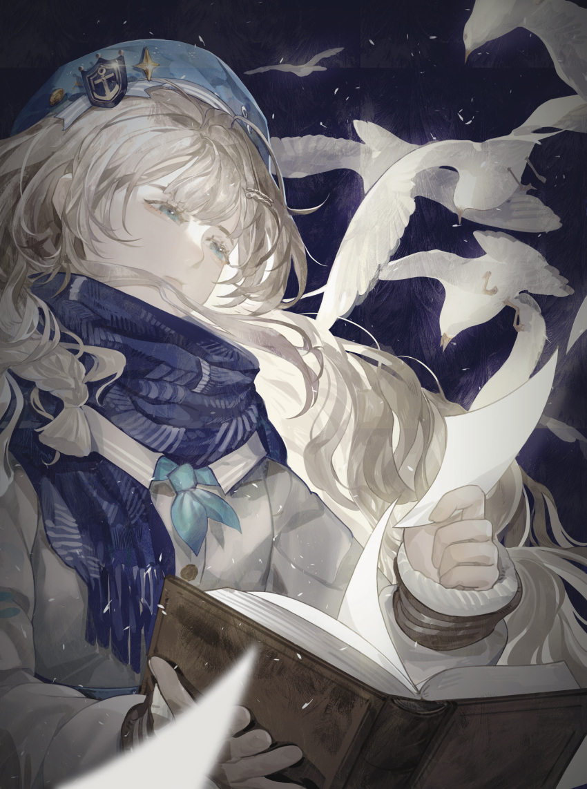 1girl, absurdres, anchor_hat_ornament, beret, bird, black_background, black_neckerchief, blue_eyes