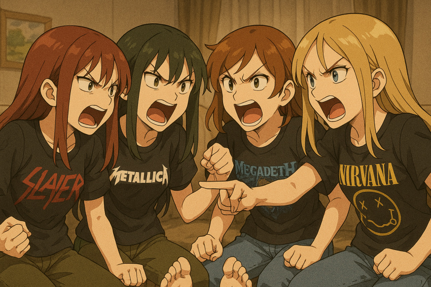 4girls, ai-generated, angry, arguing, band_shirt, black_hair, blonde_hair, brown_hair, clenched_hand, couch, denim, feet, jeans, living_room, merchandise, metalanimoo, metallica, multiple_girls, nirvana_(band), non-web_source, open_mouth, pants, pointing, pointing_at_another, red_hair, shouting, slayer_(band)