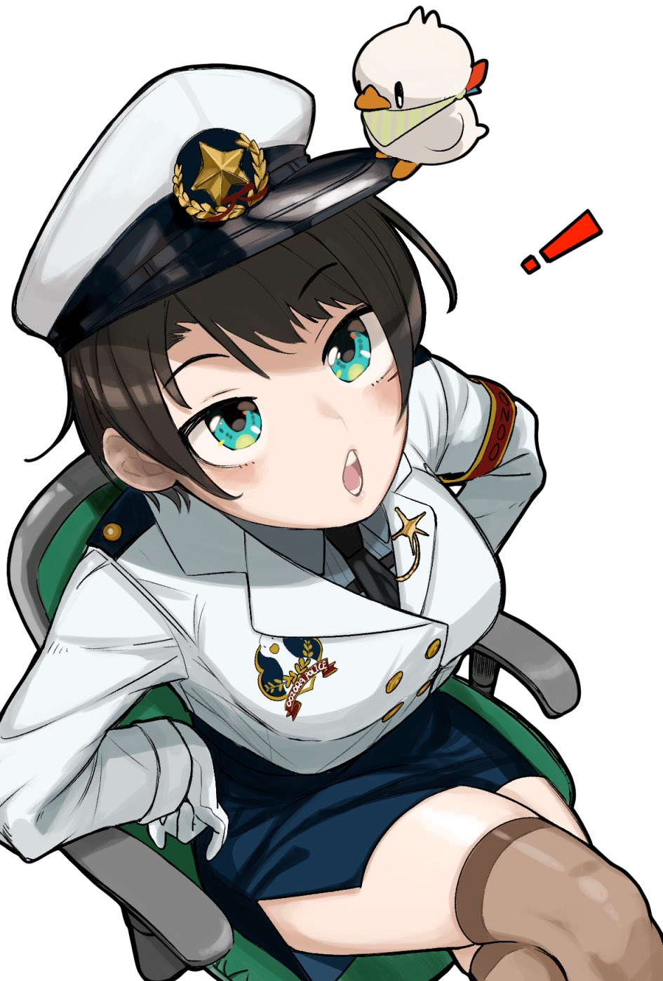 !, 1girl, animal_on_head, aqua_eyes, armband, bird, bird_on_head, black_hair