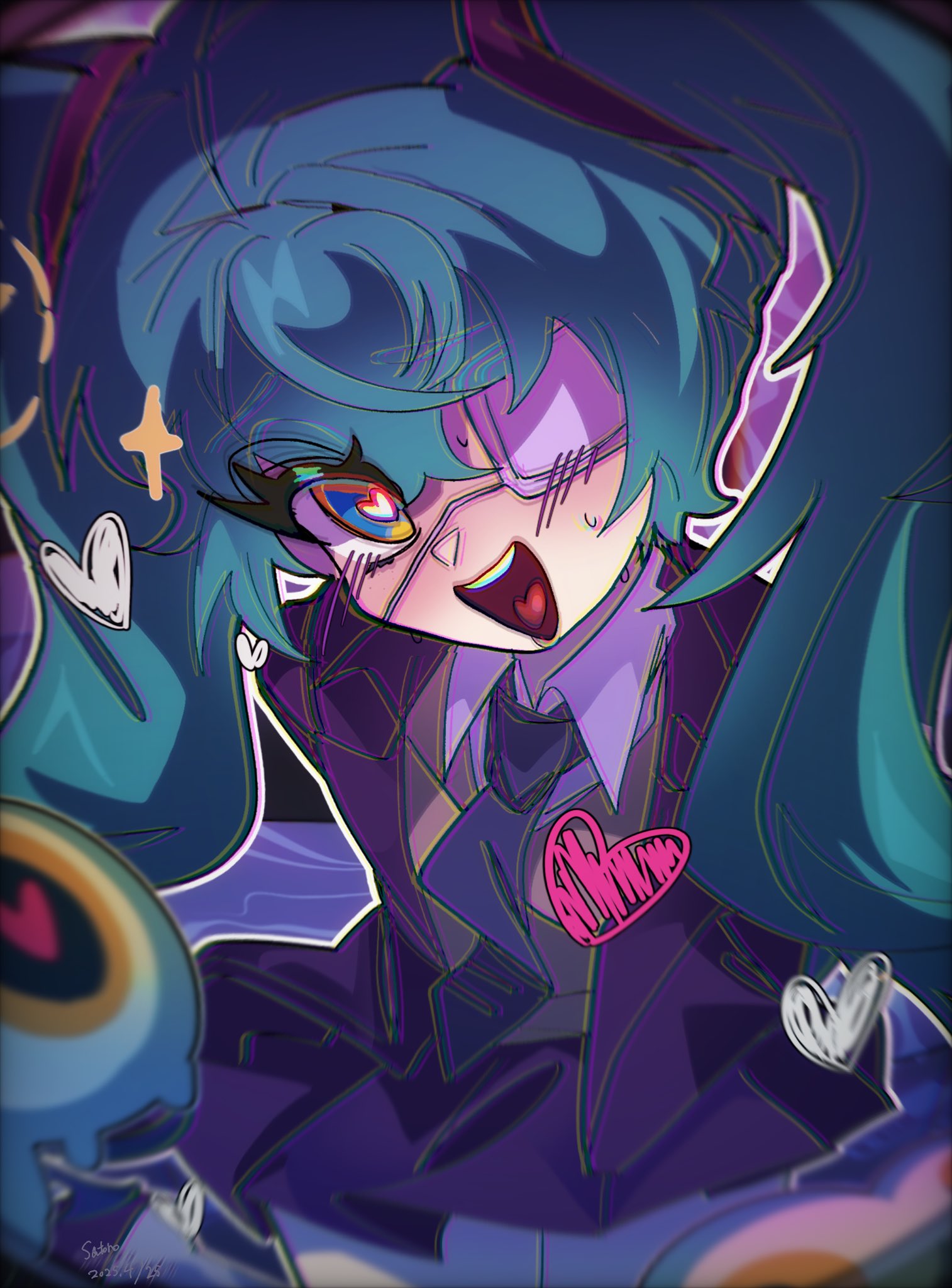 aqua_hair, black_jacket, black_necktie, black_skirt, blush, brown_sweater_vest, eyeball, eyepatch