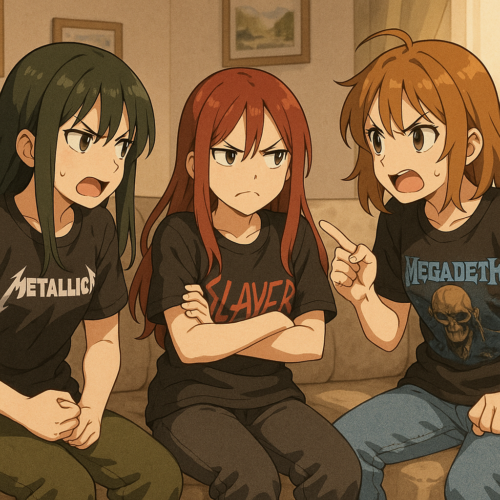 3girls, ai-generated, angry, arguing, band_shirt, black_hair, brown_hair, couch