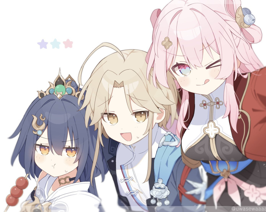 >_o, 1boy, 2girls, :d, :q, :t, ahoge, black_hair