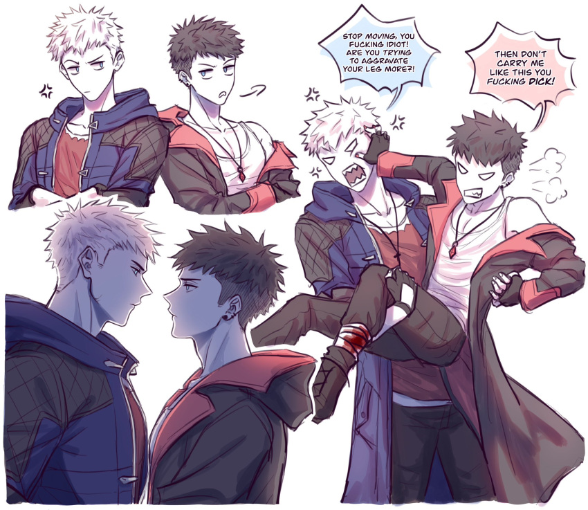 2boys, black_hair, blue_eyes, dante_(dmc:_devil_may_cry), devil_may_cry_(series), devil_may_cry_5, dmc:_devil_may_cry, fingerless_gloves