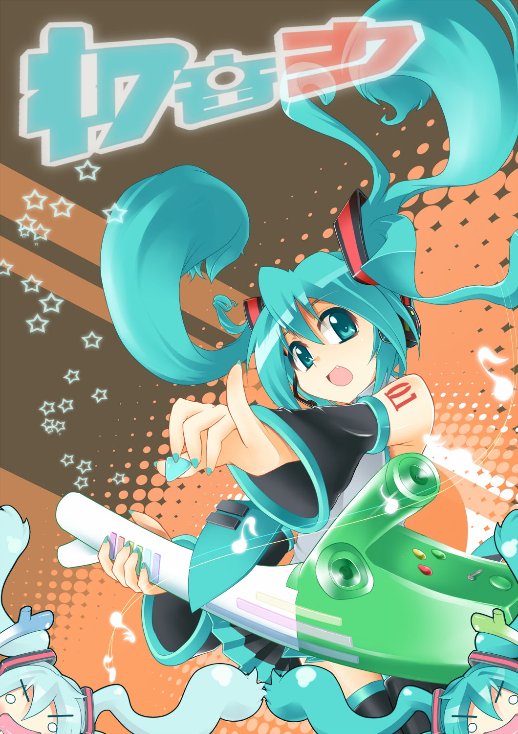 aqua_hair, bokushi, detached_sleeves, fang, hatsune_miku, headphones, headset, highres