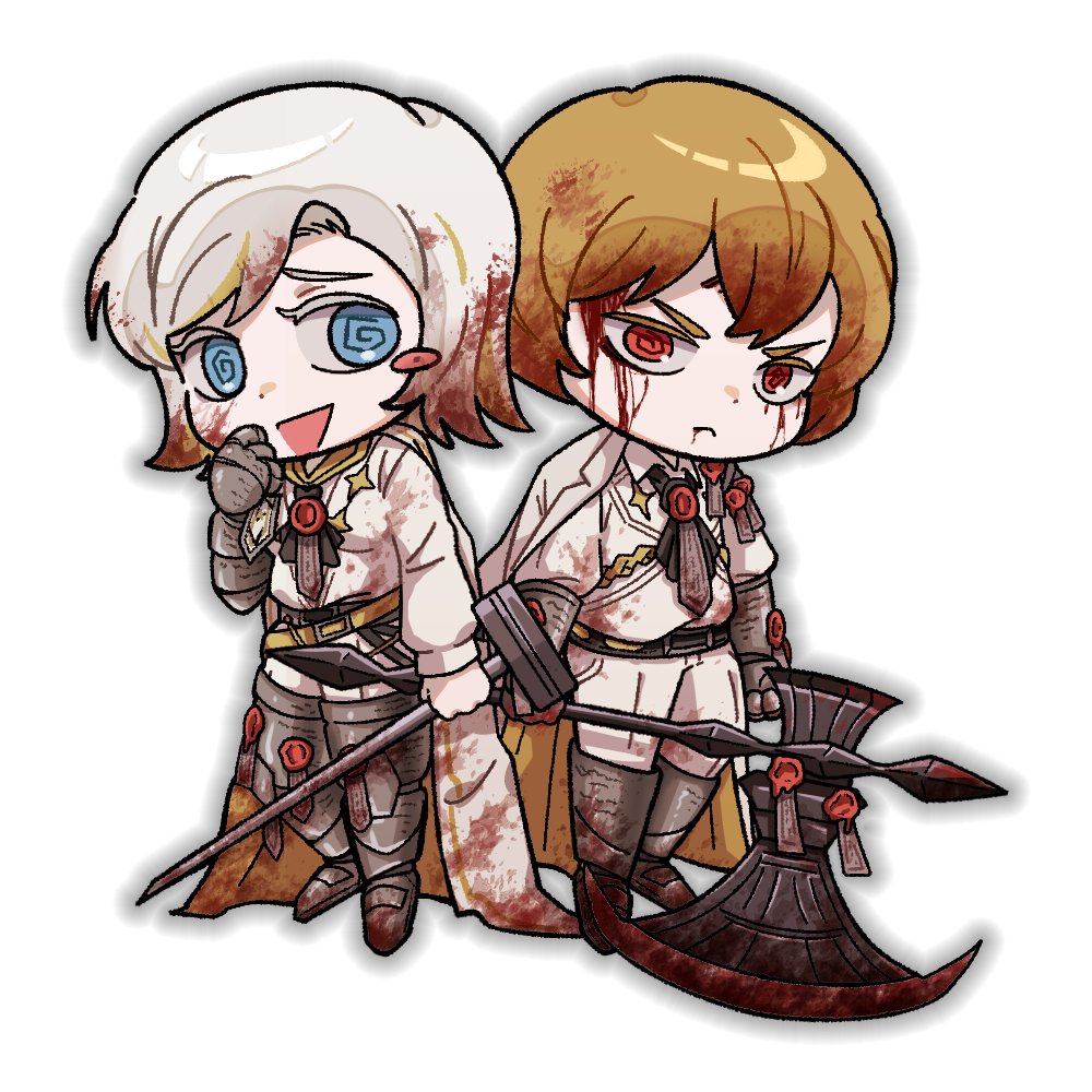 1boy, 1girl, armored_boots, axe, blonde_hair, blood, blood_on_clothes, blood_on_face