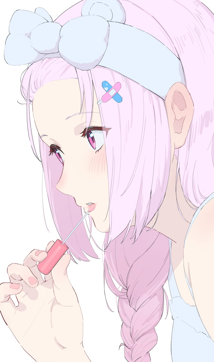1girl, absurdres, applying_makeup, bandaid, bandaid_hair_ornament, blush, bow_hairband, braid