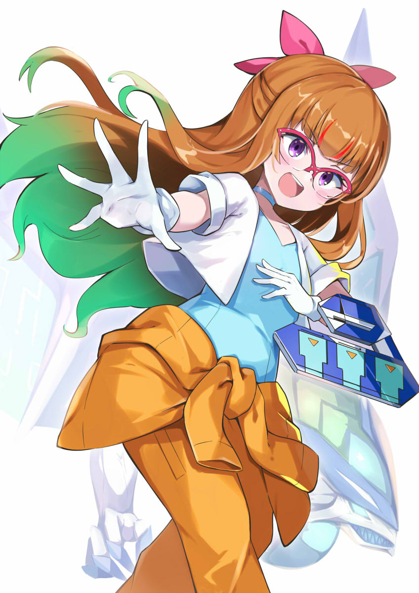 1girl, brown_hair, duel_disk, glasses, gloves, gradient_hair, green_hair, hair_ribbon