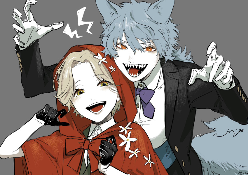 1boy, 1girl, animal_ears, big_bad_wolf, black_gloves, black_jacket, black_suit, blonde_hair