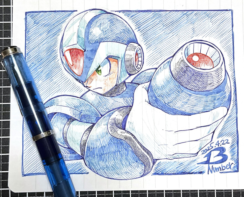 1boy, android, arm_cannon, armor, blue_armor, blue_background, blue_helmet, border, forehead_jewel, green_eyes, helmet, highres, male_focus, mega_man_(series), mega_man_x_(series), photo_(medium), pn13ban, simple_background, solo, traditional_media, upper_body, weapon, white_border, x_(mega_man)