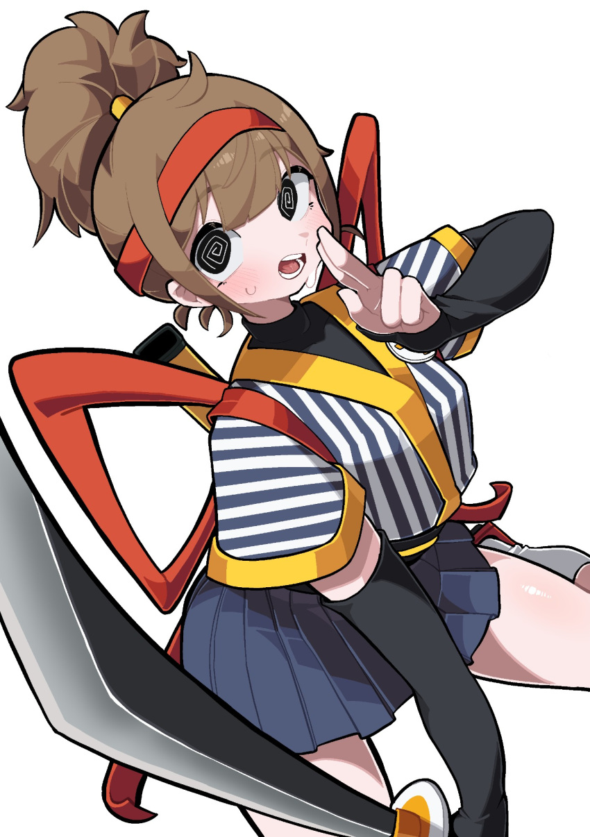 1girl, @_@, black_gloves, blue_skirt, blush, breasts, brown_hair, elbow_gloves