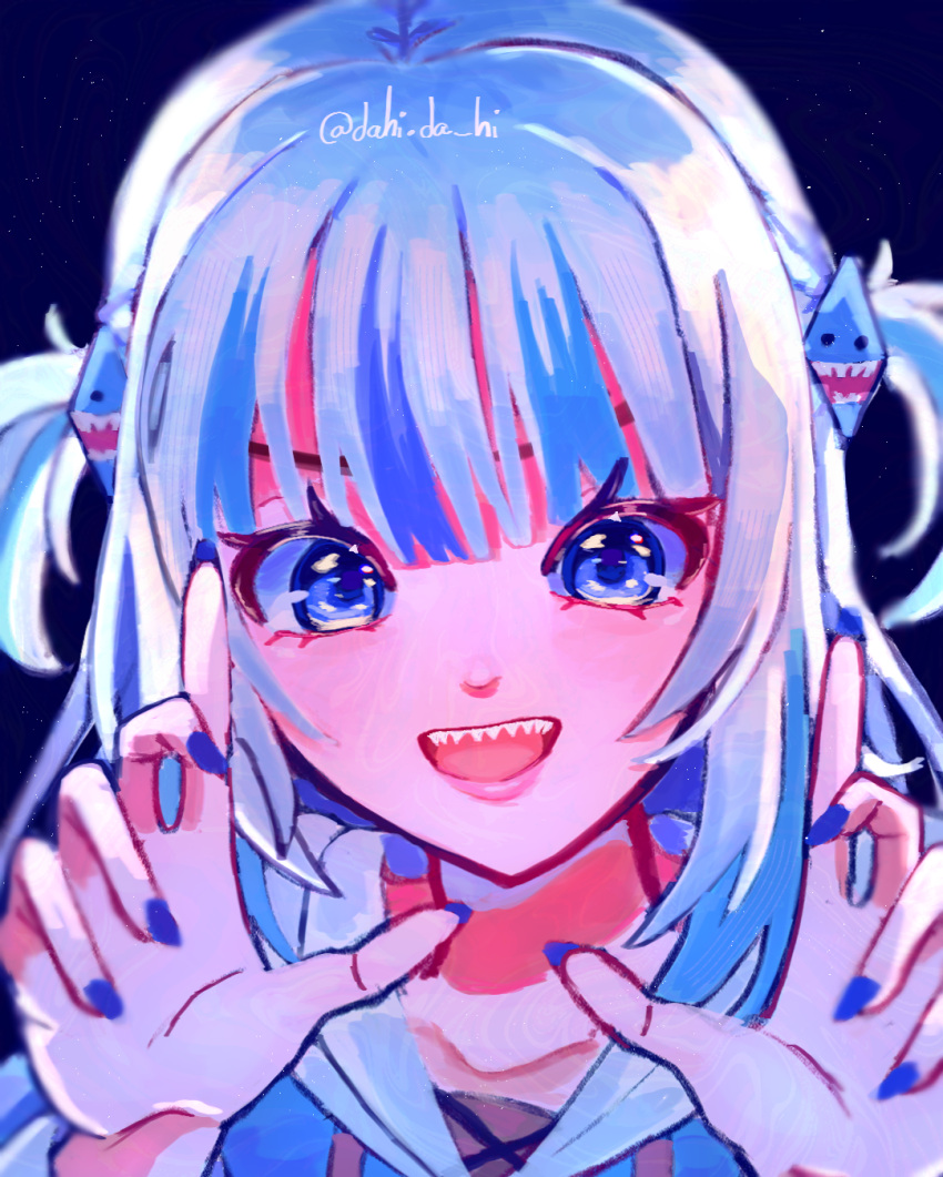 animal_costume, animal_hood, blue_eyes, blue_hoodie, blue_sky, dahi.da_hi, gawr_gura, gawr_gura_(1st_costume), hands_up, highres, hololive, hololive_english, holomyth, hood, hoodie, multicolored_eyes, multicolored_hair, shark_costume, shark_hood, shark_tooth, sky, virtual_youtuber