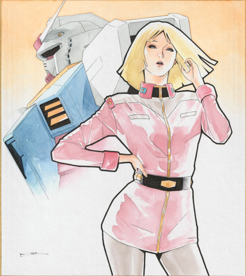 1girl, belt, blonde_hair, blue_eyes, gundam, highres, ikeda_kazuhiro, lips