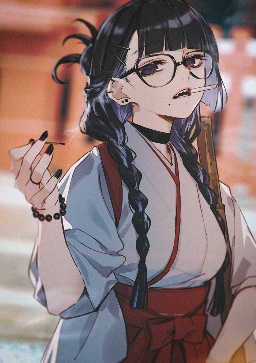 1girl, @_@, black_choker, black_hair, black_nails, blurry, blurry_background, braid, choker, cigarette, ear_piercing, earrings, fuyuno_yuuki, glasses, hair_ornament, hairclip, highres, holding_matchstick, japanese_clothes, jewelry, long_hair, looking_at_viewer, miko, mole, mole_under_mouth, nail_polish, original, piercing, sharp_teeth, smoking, solo, stud_earrings, teeth, twin_braids, violet_eyes