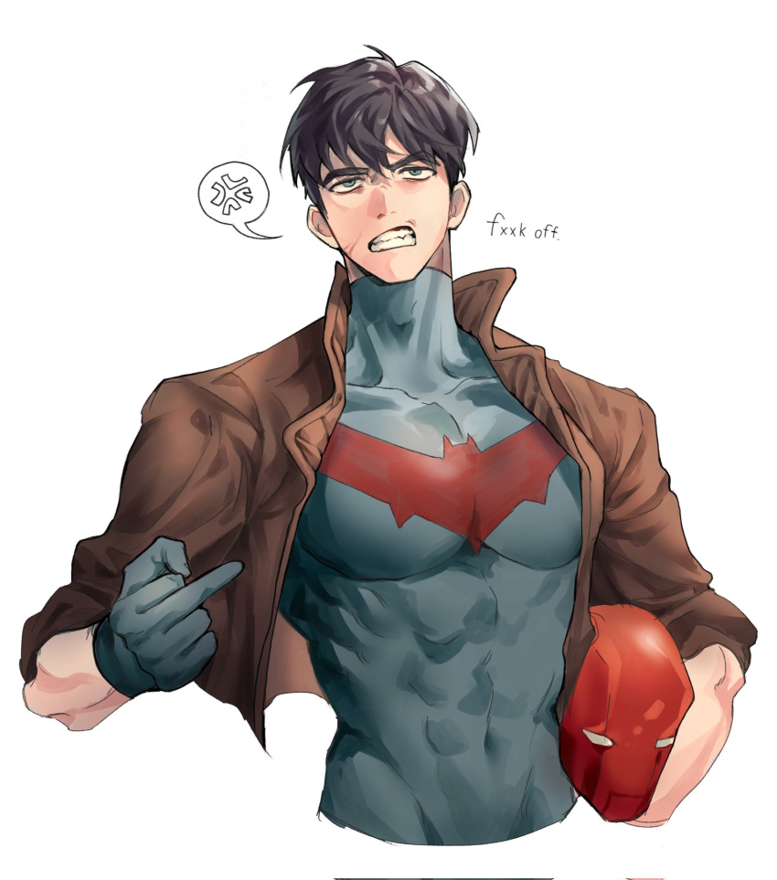 1boy, anger_vein, angry, annoyed, bat_signal, batman_(series), batman_symbol, black_bodysuit, black_gloves, black_hair, bodysuit, dc_comics, gloves, highres, jason_todd, jjoldi_(jjoldi5160), male_focus, mask, muscular, open_mouth, red_hood_(dc), short_hair, speech_bubble, superhero_costume