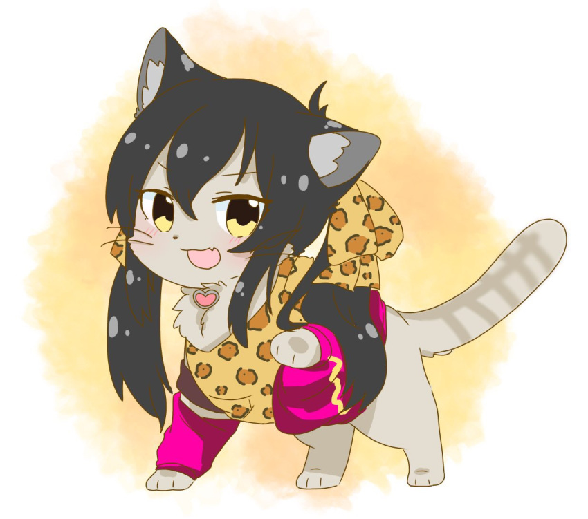 animal, animal_focus, animal_print, animalization, black_hair, cat, clothed_animal, fang, heart, heart_necklace, hutaba, idolmaster, idolmaster_cinderella_girls, jewelry, leopard_print, long_hair, looking_at_viewer, matoba_risa, necklace, no_humans, open_mouth, skin_fang, smile, twintails, yellow_eyes