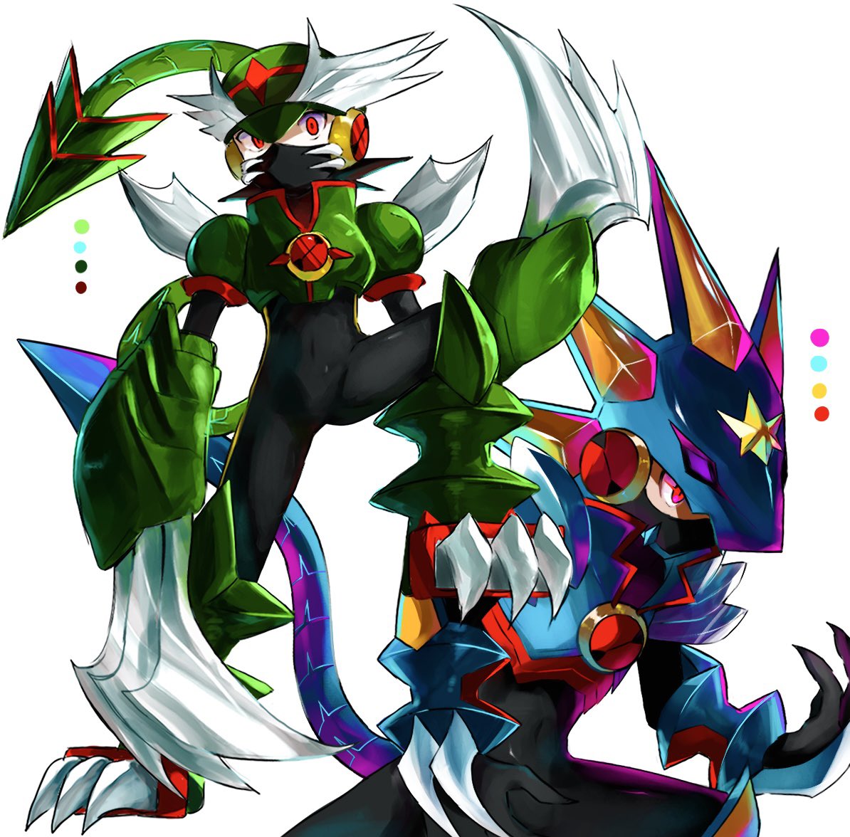 1boy, armor, black_bodysuit, blue_armor, blue_helmet, bodysuit, cowboy_shot, double_soul_(mega_man), full_body, green_armor, green_helmet, gregar_(mega_man), helmet, mask, mega_man_(series), mega_man_battle_network_(series), megaman.exe, mouth_mask, multiple_views, netnavi, red_eyes, rokuroku551, simple_background, slashman.exe, white_background
