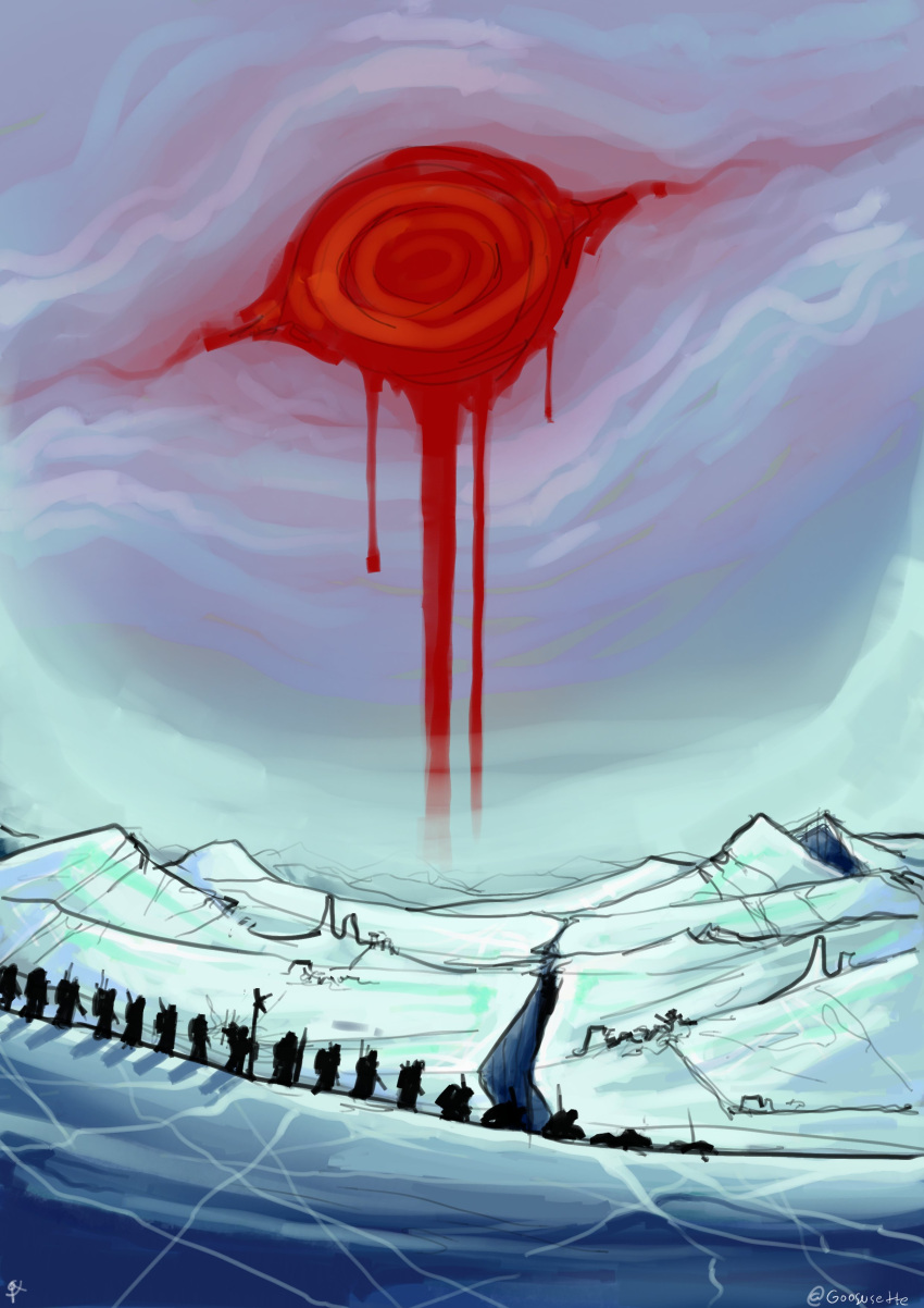6+others, absurdres, bleeding, blood, europa_(moon), europa_ice_war_(meme), goosusette, great_red_spot, highres, ice, jupiter_(planet), march, meme, mountain, multiple_others, original, silhouette, soldier, trench, weapon