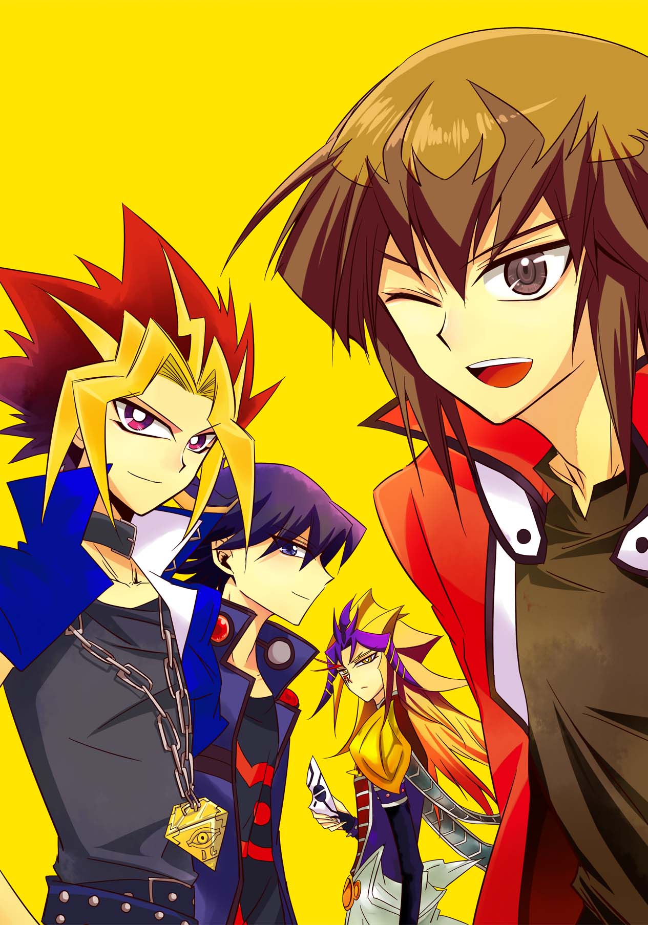 black_hair, blonde_hair, blue_eyes, brown_eyes, brown_hair, choker, crossover, fudou_yuusei