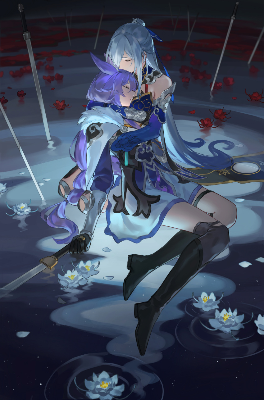 2girls, absurdres, animal_ears, baiheng_(honkai:_star_rail), bamboo_nima, bare_shoulders, blue_dress, blue_sleeves