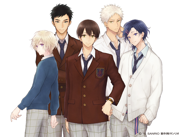 5boys, belt, black_hair, black_necktie, blonde_hair, brown_hair, brown_jacket, buttons