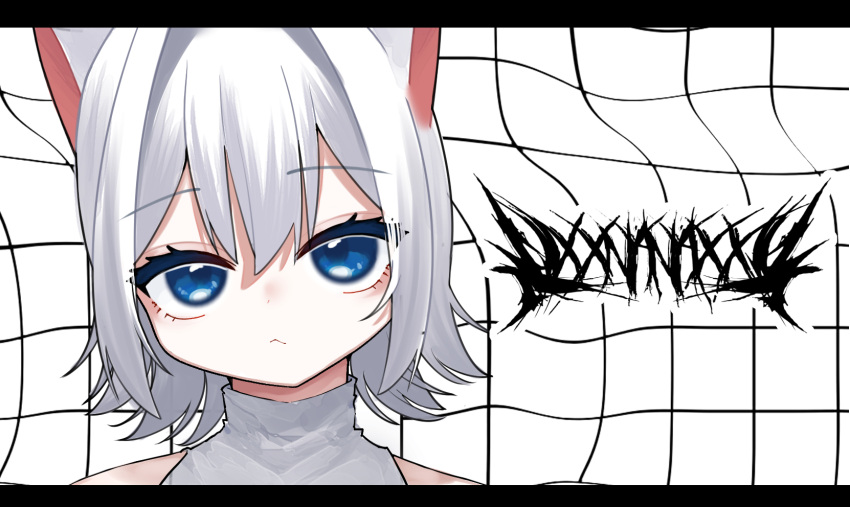 1girl, animal_ears, blue_eyes, cat_ears, cat_girl, closed_mouth, expressionless, grid_background