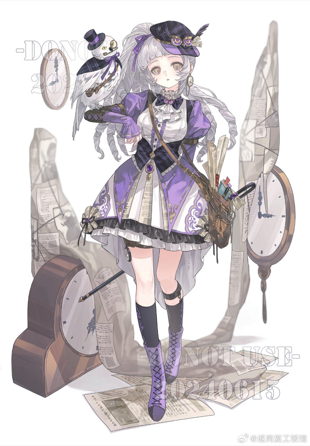 1girl, bag, bird, black_socks, boots, bow, cane, clock, cross_laced_footwear, dress, earrings, full_body, gears, gloves, grey_hair, hat, highres, jewelry, knee_boots, kneehighs, long_hair, long_sleeves, looking_at_viewer, original, pocket_watch, puffy_sleeves, quill, simple_background, socks, solo, standing, steampunk, tacfigure, top_hat, watch, white_background