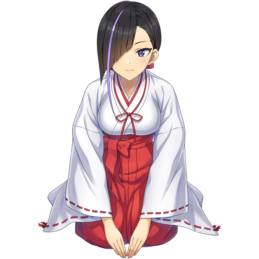 1girl, black_hair, blue_eyes, breasts, closed_mouth, dolphin_wave, game_cg, hair_over_one_eye, hair_tie, hakama, highres, japanese_clothes, kurose_minami, large_breasts, long_hair, low_ponytail, miko, multicolored_hair, non-web_source, official_art, ojigi_(bowing), ootomo_takuji, ponytail, purple_streaks, red_hakama, ribbon-trimmed_sleeves, ribbon_trim, seiza, single_hair_streak, sitting, smile, solo, streaked_hair, transparent_background, wide_sleeves